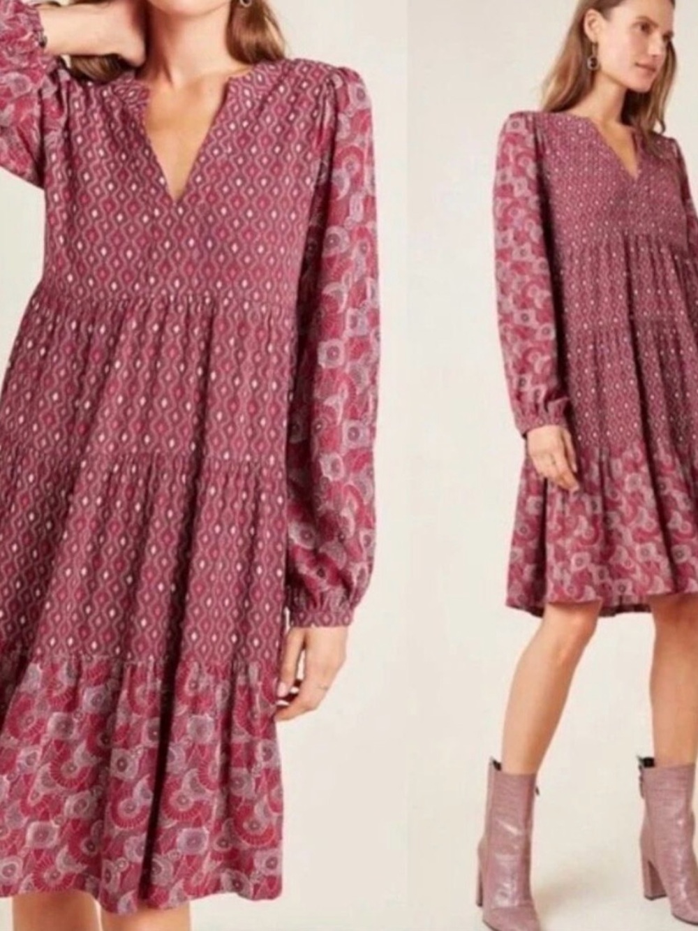 Maeve Anthropologie Burgundy Printed Long-Sleeve Peasant Dress XS